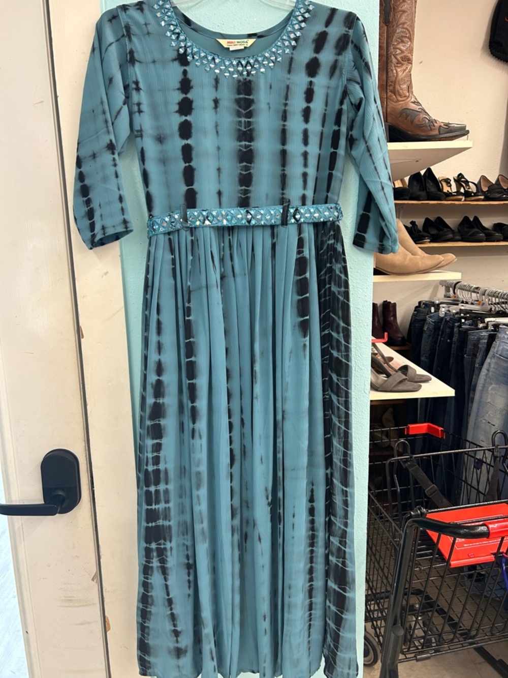 Mystic Blue Tie-Dye maxi  Dress with Embellished Waist